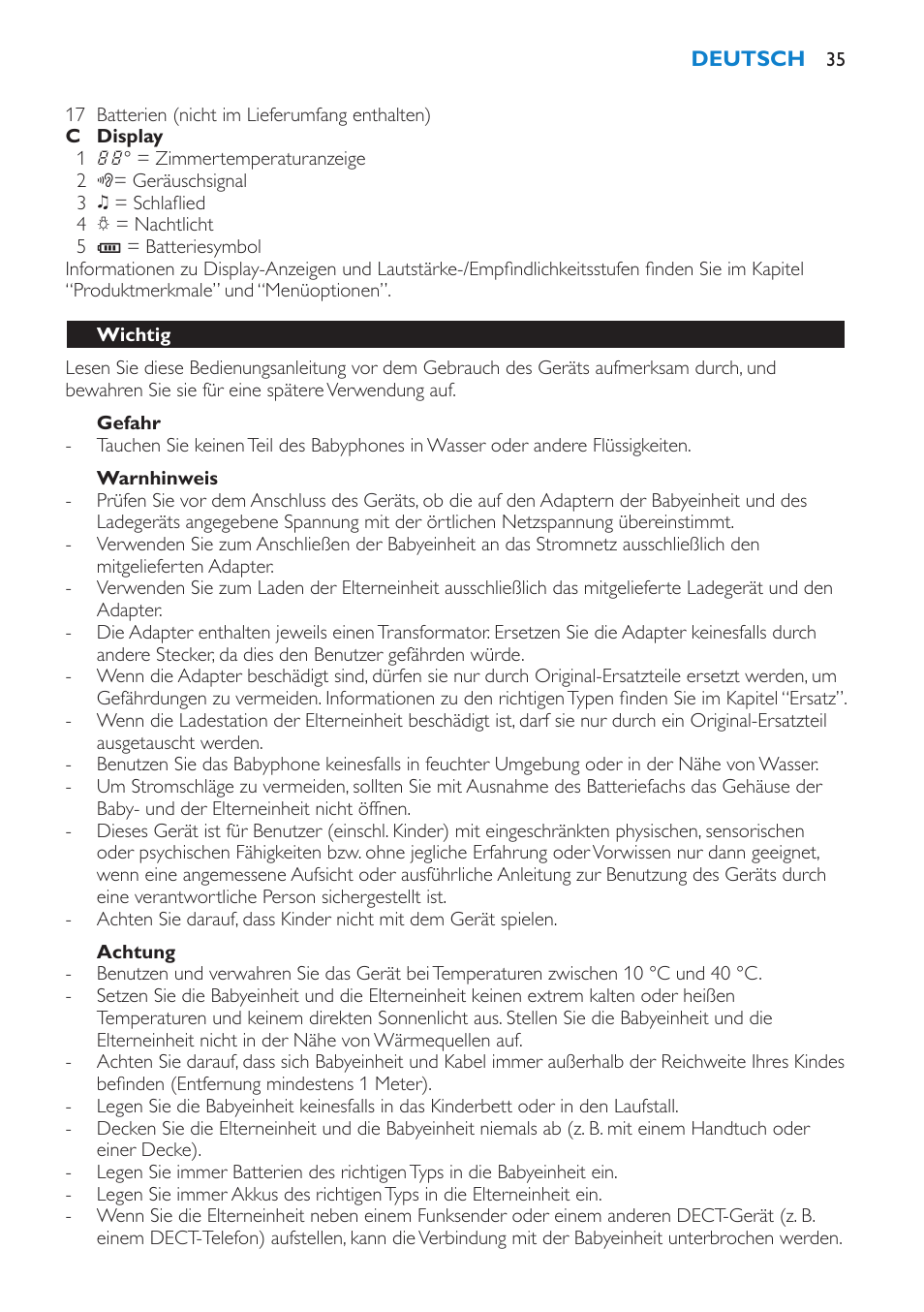 Gefahr, Warnhinweis, Achtung | Wichtig | Philips AVENT Vigilabebés DECT User Manual | Page 35 / 196