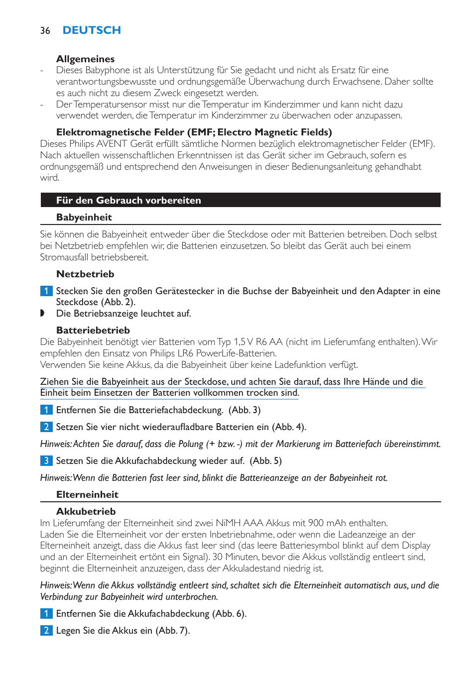 Allgemeines, Für den gebrauch vorbereiten, Babyeinheit | Netzbetrieb, Batteriebetrieb, Elterneinheit, Akkubetrieb | Philips AVENT Vigilabebés DECT User Manual | Page 36 / 196