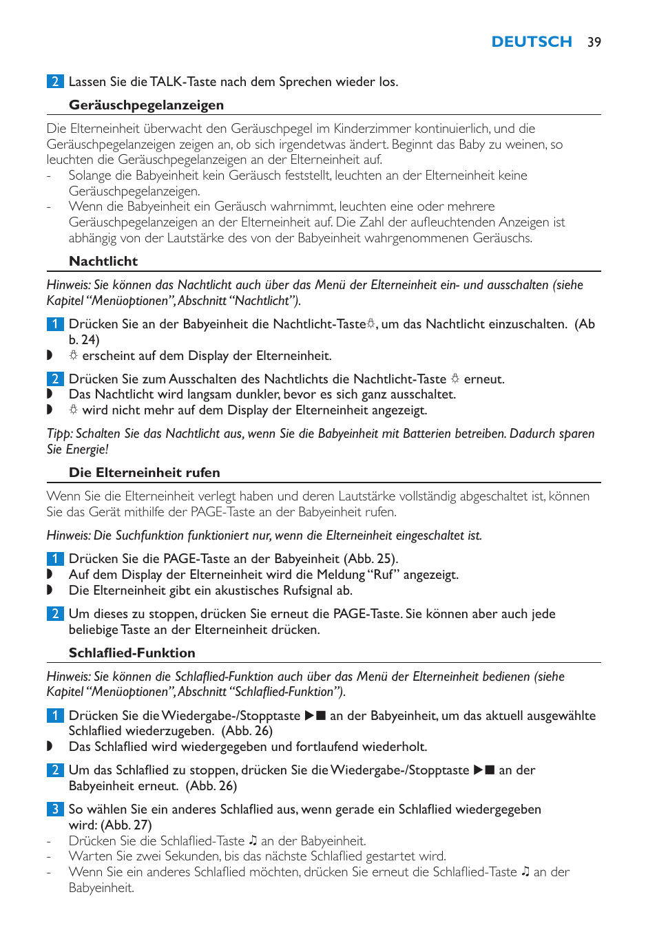Geräuschpegelanzeigen, Nachtlicht, Die elterneinheit rufen | Schlaflied-funktion | Philips AVENT Vigilabebés DECT User Manual | Page 39 / 196