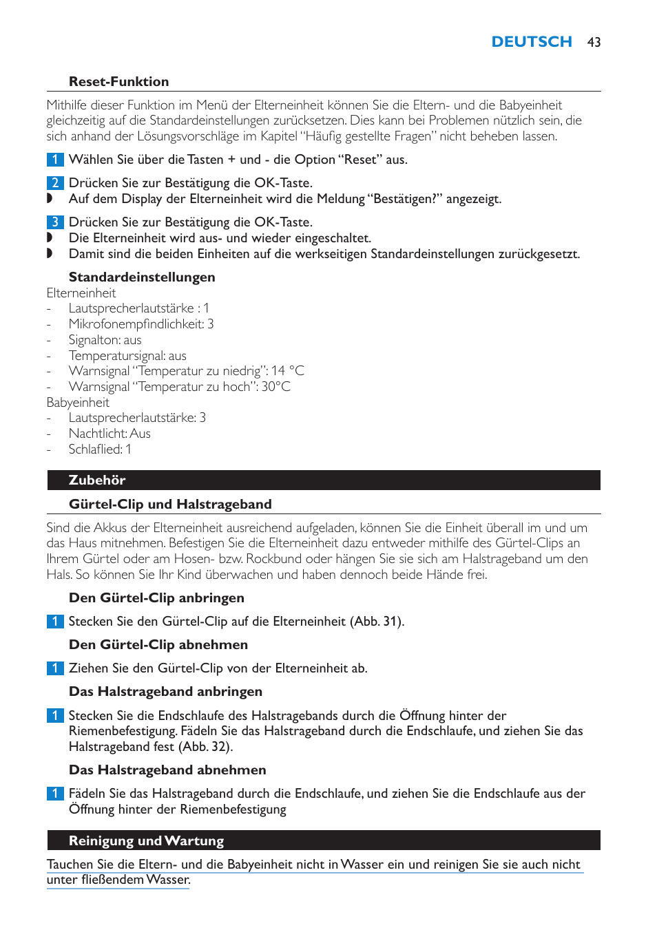 Reset-funktion, Standardeinstellungen, Zubehör | Gürtel-clip und halstrageband, Den gürtel-clip anbringen, Den gürtel-clip abnehmen, Das halstrageband anbringen, Das halstrageband abnehmen, Reinigung und wartung | Philips AVENT Vigilabebés DECT User Manual | Page 43 / 196
