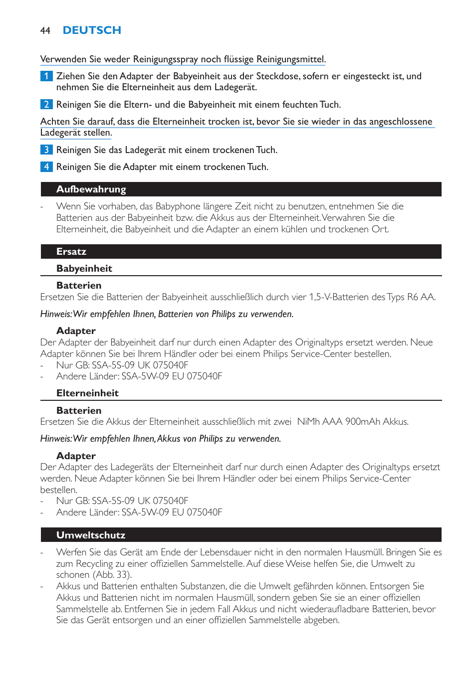 Aufbewahrung, Ersatz, Babyeinheit | Batterien, Adapter, Elterneinheit, Umweltschutz | Philips AVENT Vigilabebés DECT User Manual | Page 44 / 196