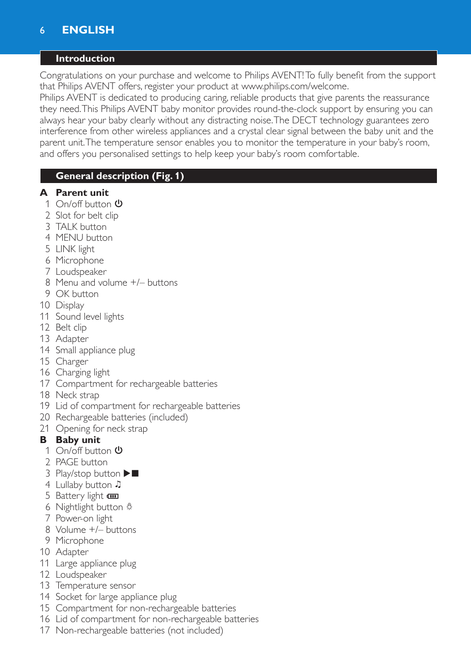 English, Introduction, General description (fig. 1) | Philips AVENT Vigilabebés DECT User Manual | Page 6 / 196