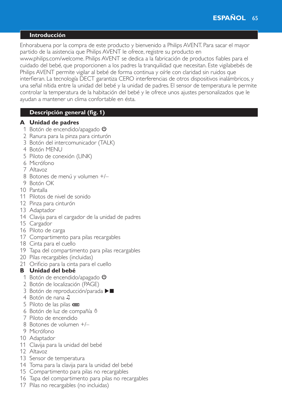 Español, Introducción, Descripción general (fig. 1) | Philips AVENT Vigilabebés DECT User Manual | Page 65 / 196