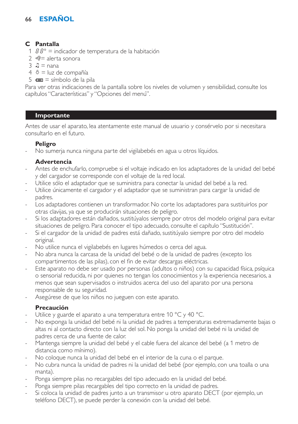 Peligro, Advertencia, Precaución | Importante | Philips AVENT Vigilabebés DECT User Manual | Page 66 / 196