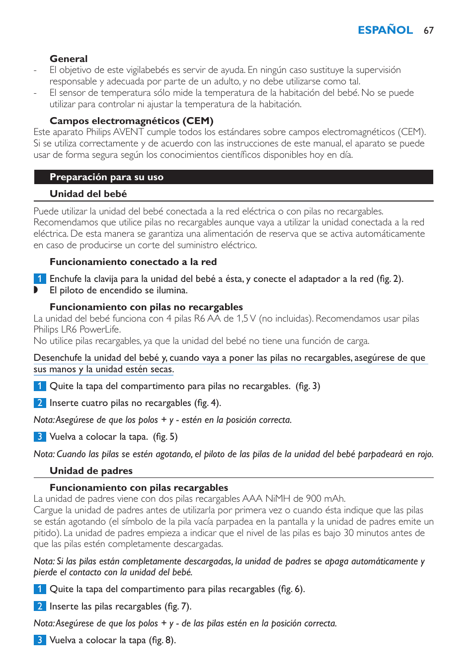 General, Campos electromagnéticos (cem), Preparación para su uso | Unidad del bebé, Funcionamiento conectado a la red, Funcionamiento con pilas no recargables, Unidad de padres, Funcionamiento con pilas recargables | Philips AVENT Vigilabebés DECT User Manual | Page 67 / 196