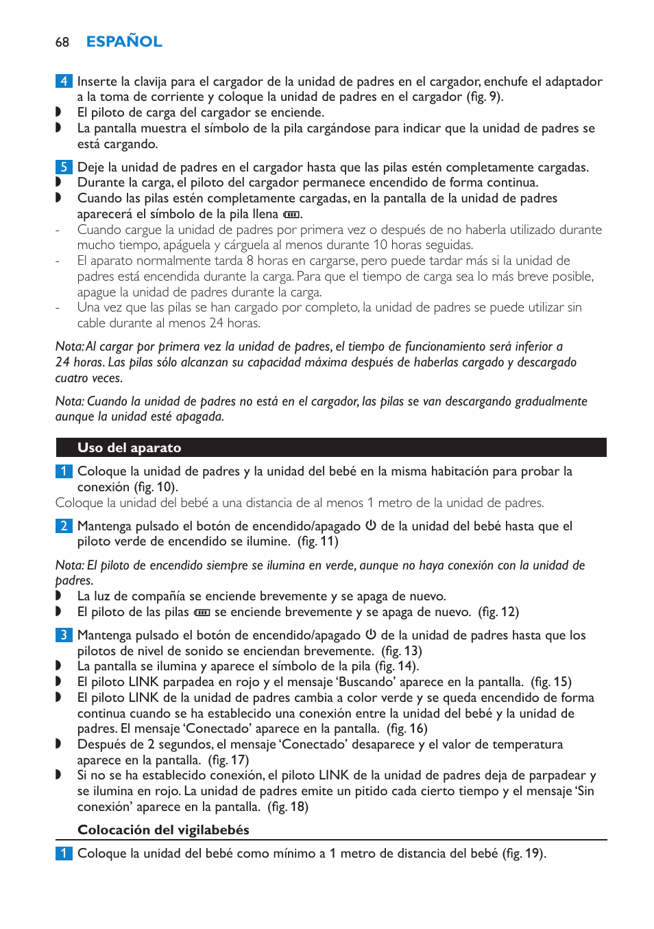 Uso del aparato, Colocación del vigilabebés | Philips AVENT Vigilabebés DECT User Manual | Page 68 / 196