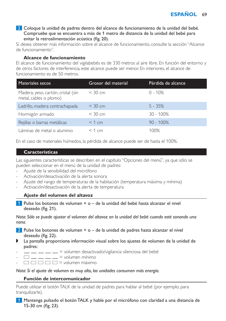 Alcance de funcionamiento, Características, Ajuste del volumen del altavoz | Función de intercomunicador | Philips AVENT Vigilabebés DECT User Manual | Page 69 / 196