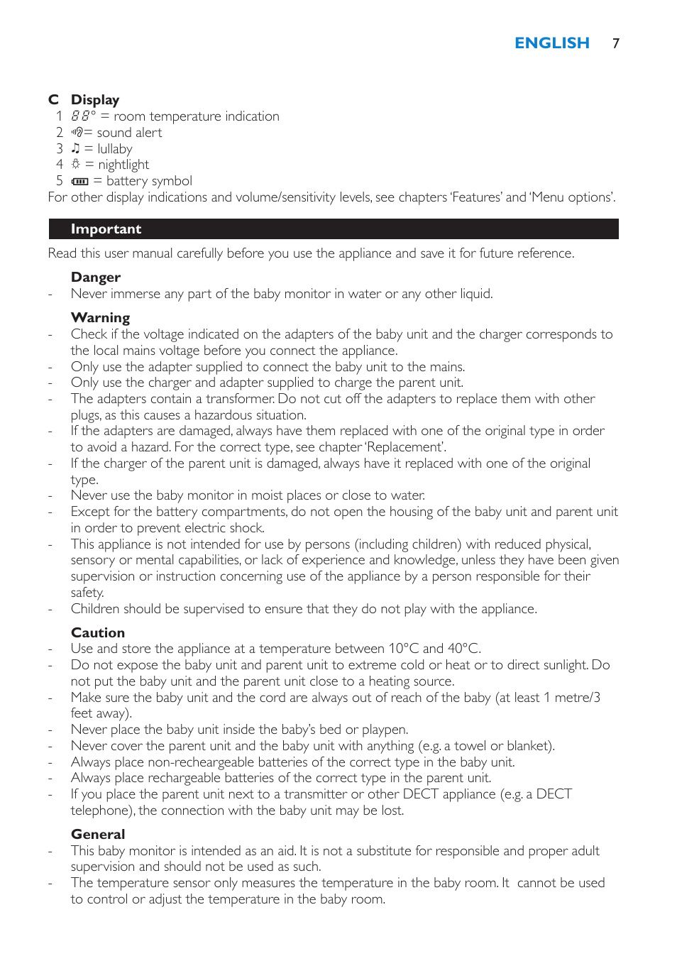 Important, Danger, Warning | Caution, General | Philips AVENT Vigilabebés DECT User Manual | Page 7 / 196