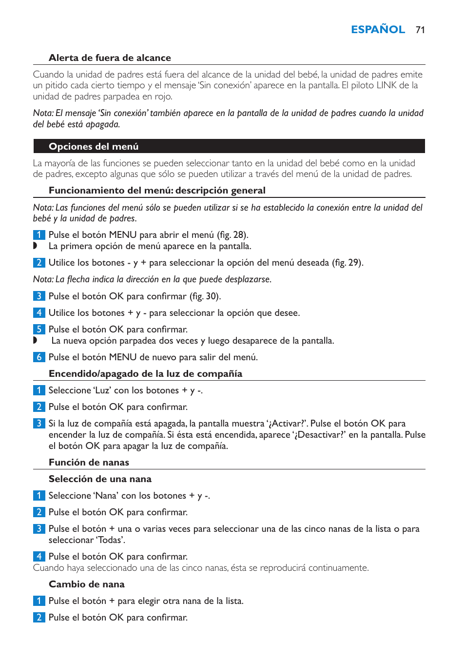 Alerta de fuera de alcance, Opciones del menú, Funcionamiento del menú: descripción general | Encendido/apagado de la luz de compañía, Función de nanas, Selección de una nana, Cambio de nana | Philips AVENT Vigilabebés DECT User Manual | Page 71 / 196