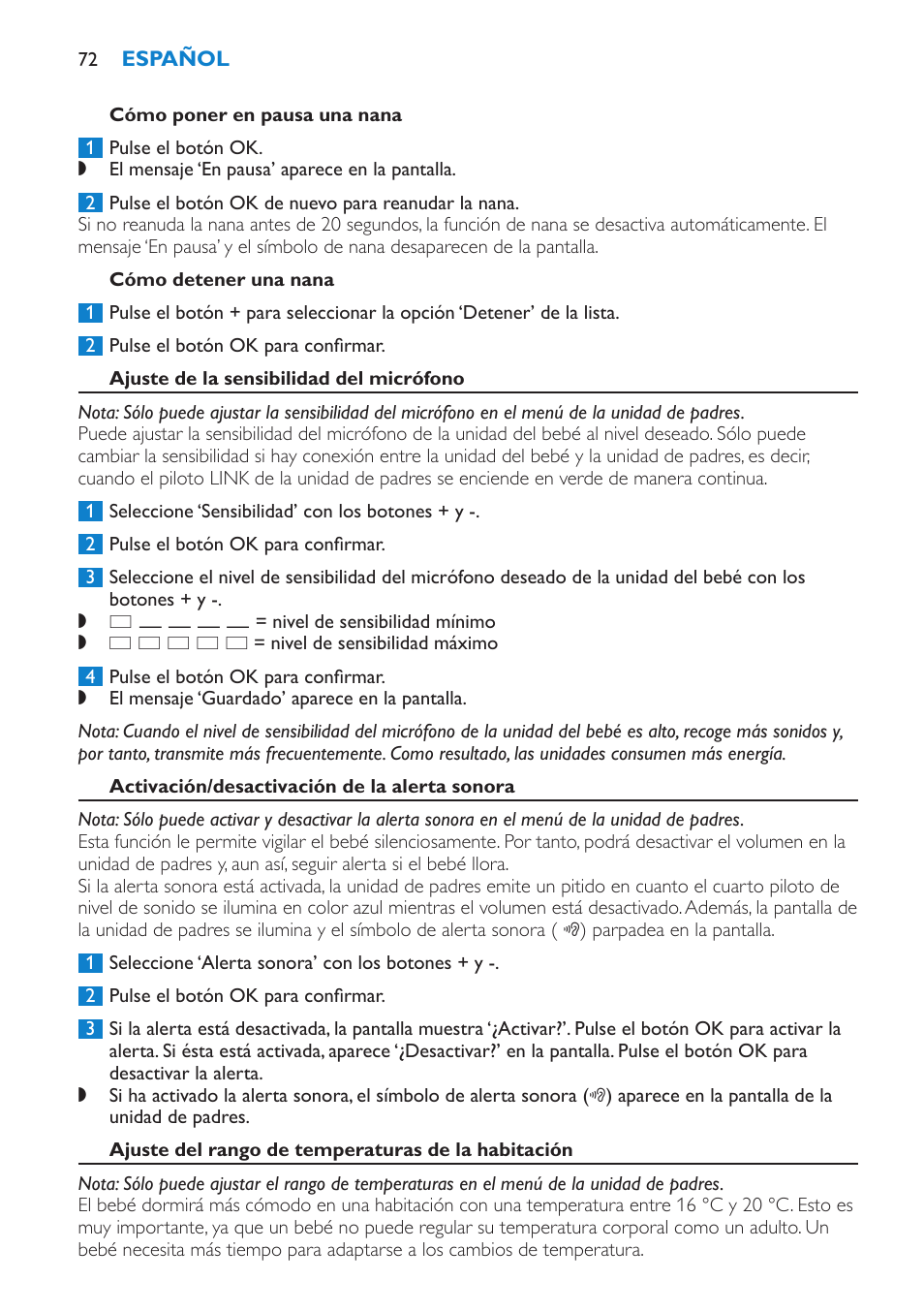 Cómo poner en pausa una nana, Cómo detener una nana, Ajuste de la sensibilidad del micrófono | Activación/desactivación de la alerta sonora, Ajuste del rango de temperaturas de la habitación | Philips AVENT Vigilabebés DECT User Manual | Page 72 / 196