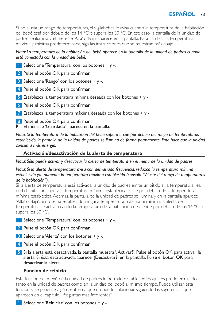 Función de reinicio | Philips AVENT Vigilabebés DECT User Manual | Page 73 / 196