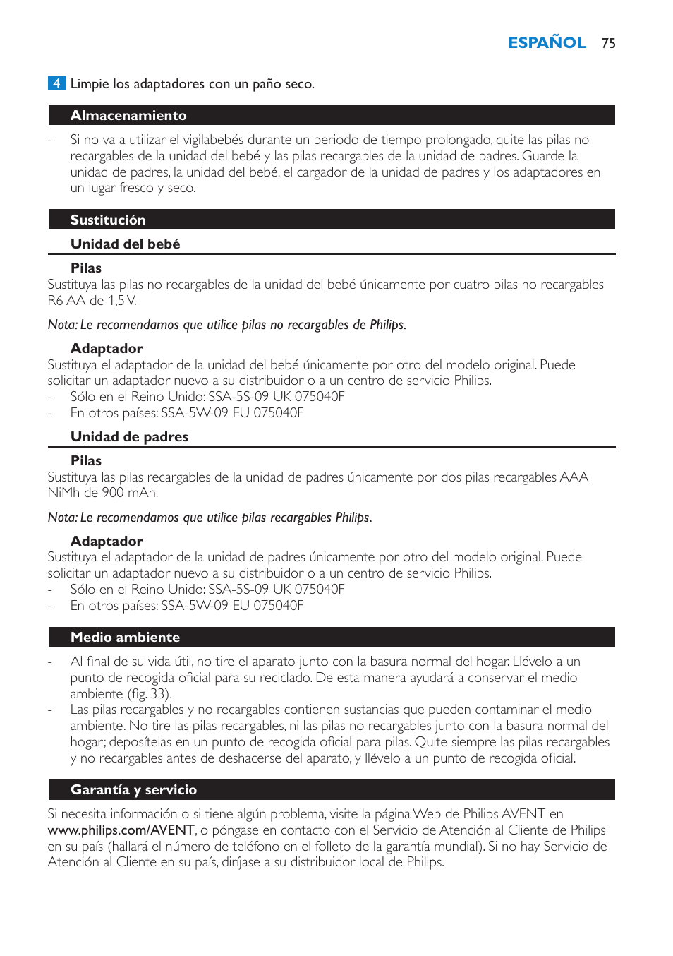 Almacenamiento, Sustitución, Unidad del bebé | Pilas, Adaptador, Unidad de padres, Medio ambiente, Garantía y servicio | Philips AVENT Vigilabebés DECT User Manual | Page 75 / 196