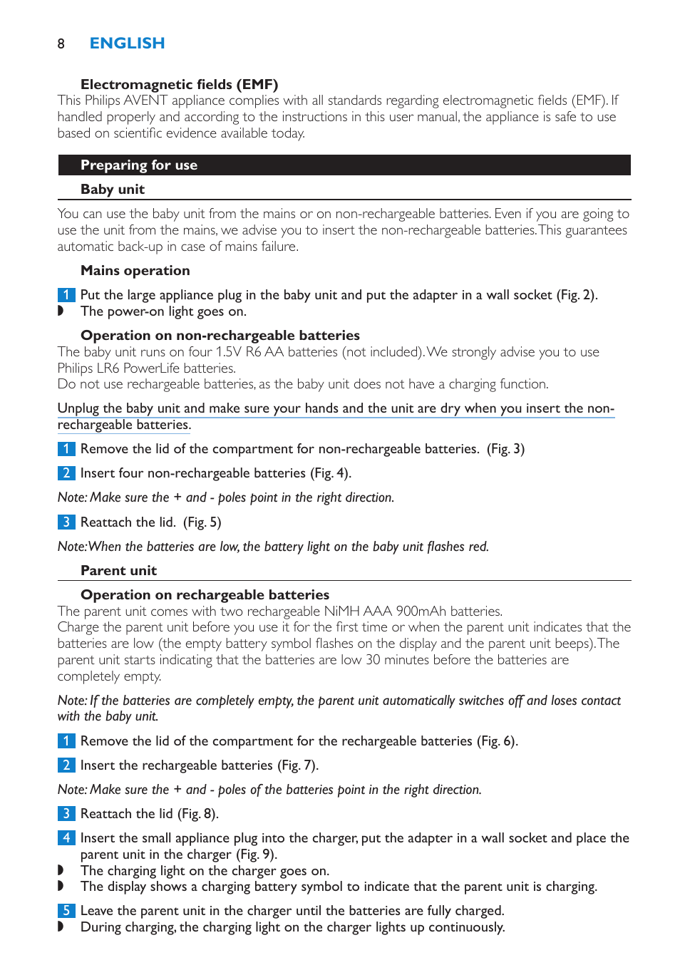 Electromagnetic fields (emf), Preparing for use, Baby unit | Mains operation, Operation on non-rechargeable batteries, Parent unit, Operation on rechargeable batteries | Philips AVENT Vigilabebés DECT User Manual | Page 8 / 196