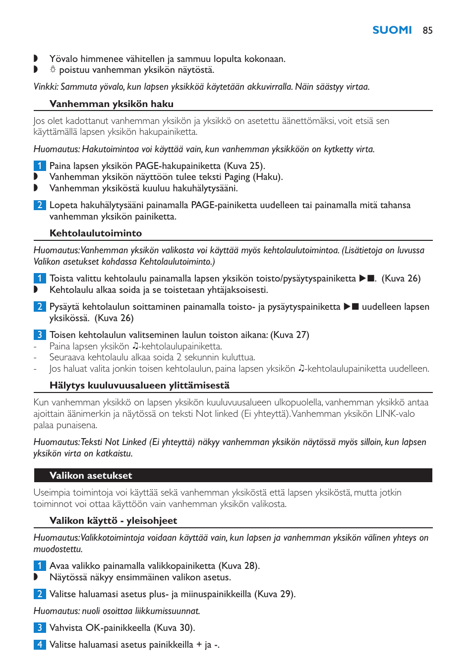 Vanhemman yksikön haku, Kehtolaulutoiminto, Hälytys kuuluvuusalueen ylittämisestä | Valikon asetukset, Valikon käyttö - yleisohjeet | Philips AVENT Vigilabebés DECT User Manual | Page 85 / 196