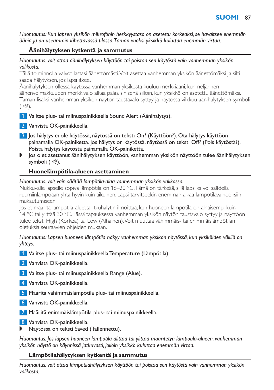 Äänihälytyksen kytkentä ja sammutus, Huonelämpötila-alueen asettaminen, Lämpötilahälytyksen kytkentä ja sammutus | Philips AVENT Vigilabebés DECT User Manual | Page 87 / 196