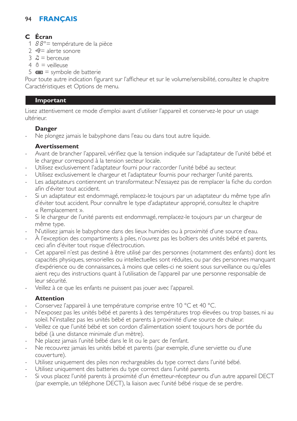 Danger, Avertissement, Attention | Important | Philips AVENT Vigilabebés DECT User Manual | Page 94 / 196