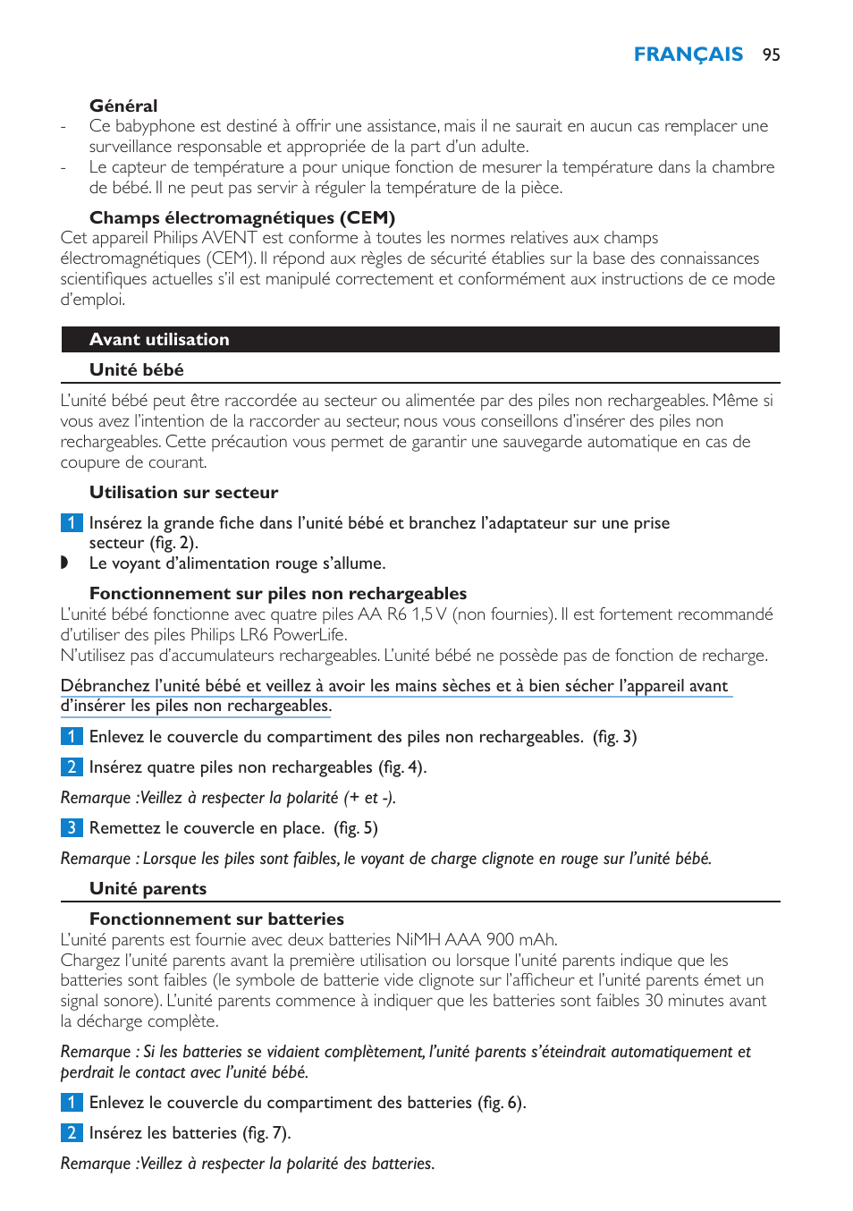 Général, Champs électromagnétiques (cem), Avant utilisation | Unité bébé, Utilisation sur secteur, Fonctionnement sur piles non rechargeables, Unité parents, Fonctionnement sur batteries | Philips AVENT Vigilabebés DECT User Manual | Page 95 / 196