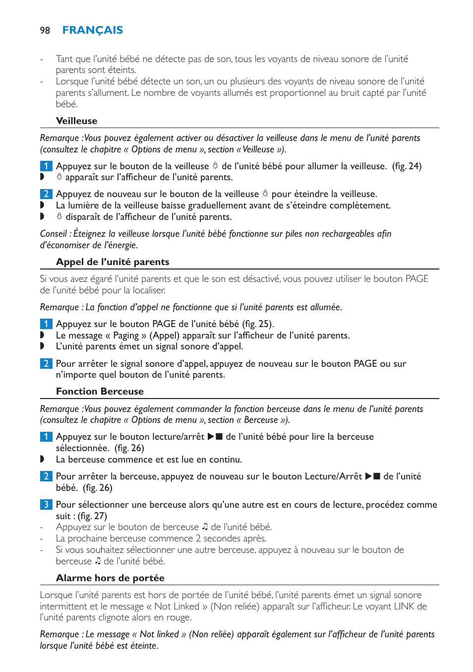 Veilleuse, Appel de l’unité parents, Fonction berceuse | Alarme hors de portée | Philips AVENT Vigilabebés DECT User Manual | Page 98 / 196