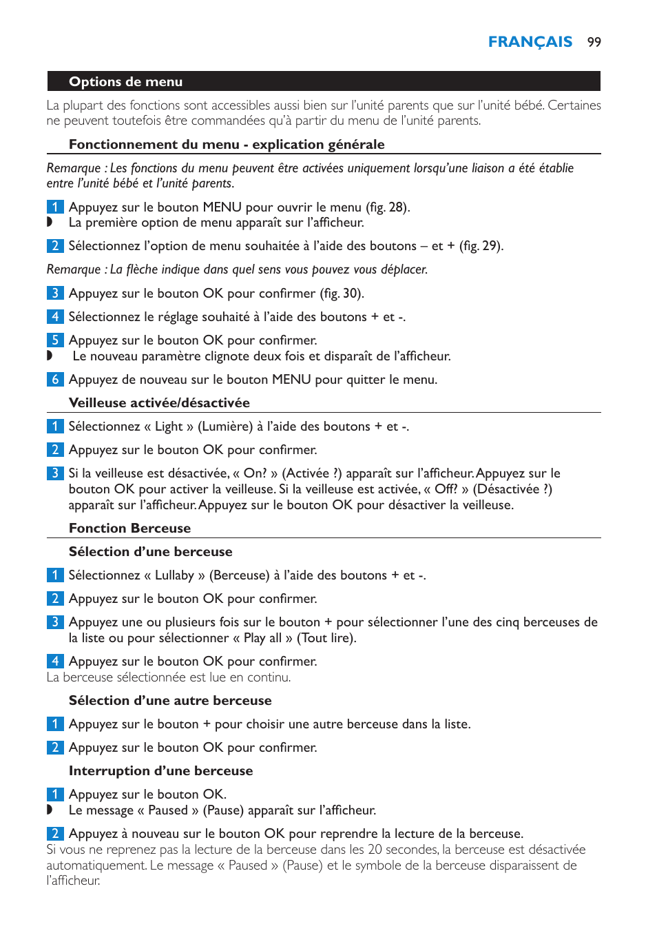 Options de menu, Fonctionnement du menu - explication générale, Veilleuse activée/désactivée | Fonction berceuse, Sélection d’une berceuse, Sélection d’une autre berceuse, Interruption d’une berceuse | Philips AVENT Vigilabebés DECT User Manual | Page 99 / 196
