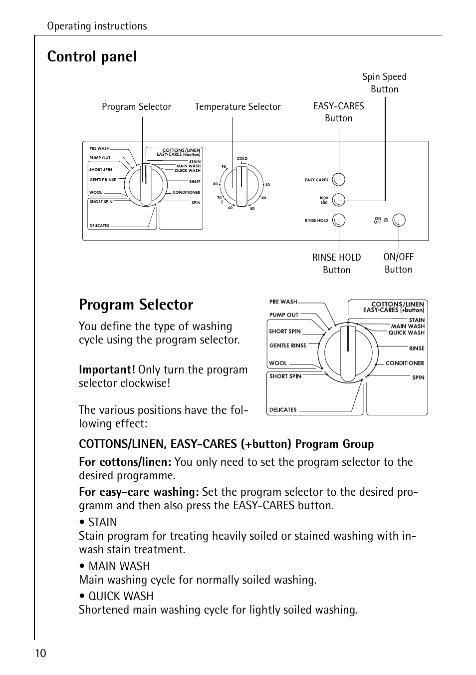 Control panel program selector | AEG LAVAMAT W 1020 User Manual | Page 10 / 44