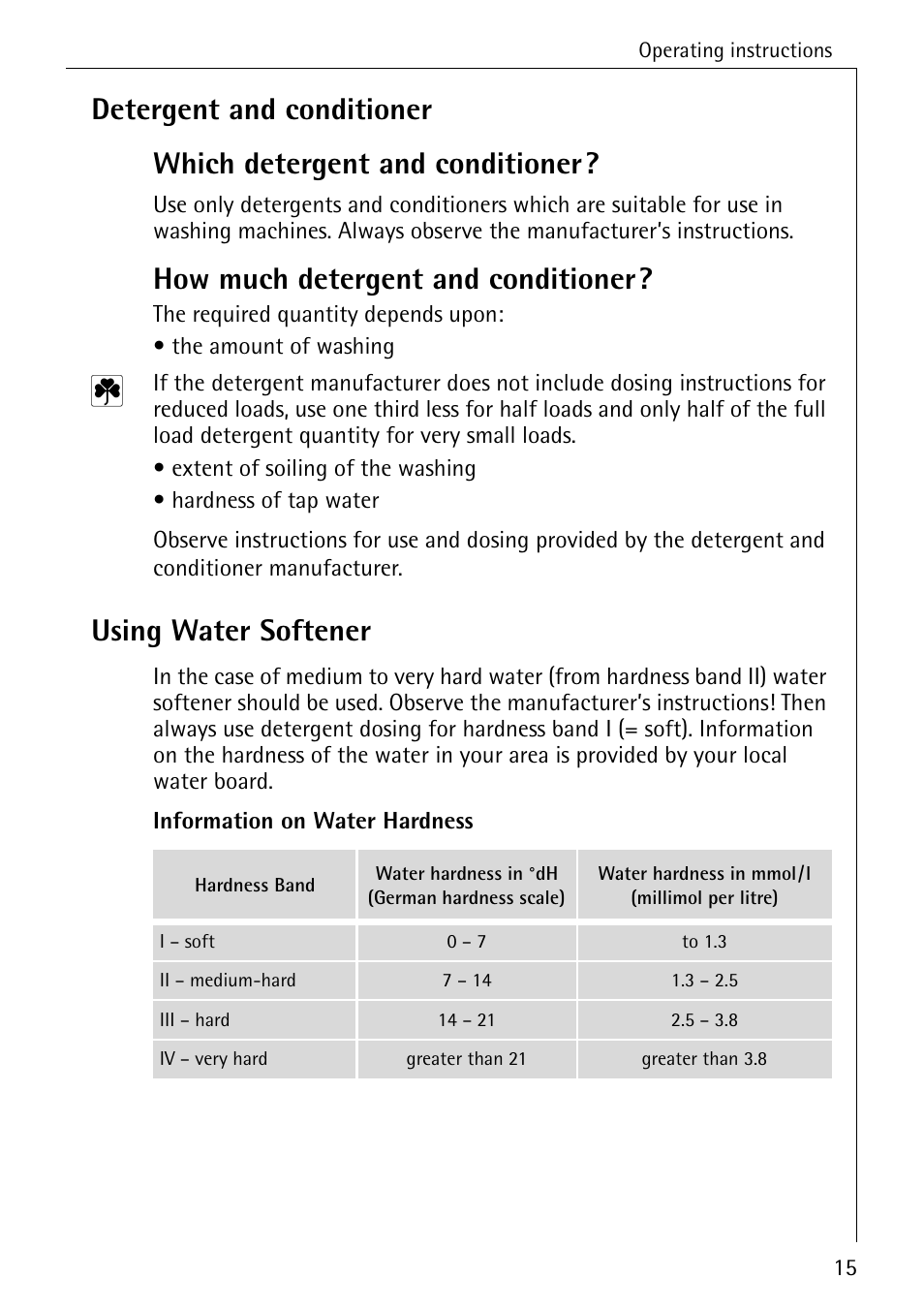 How much detergent and conditioner, Using water softener | AEG LAVAMAT W 1020 User Manual | Page 15 / 44