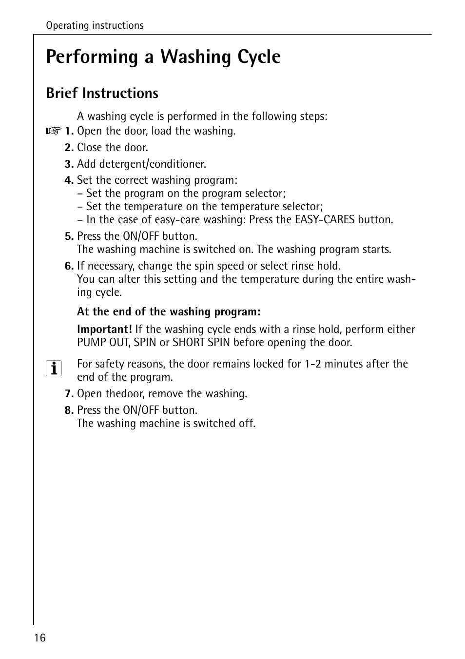 Performing a washing cycle, Brief instructions | AEG LAVAMAT W 1020 User Manual | Page 16 / 44