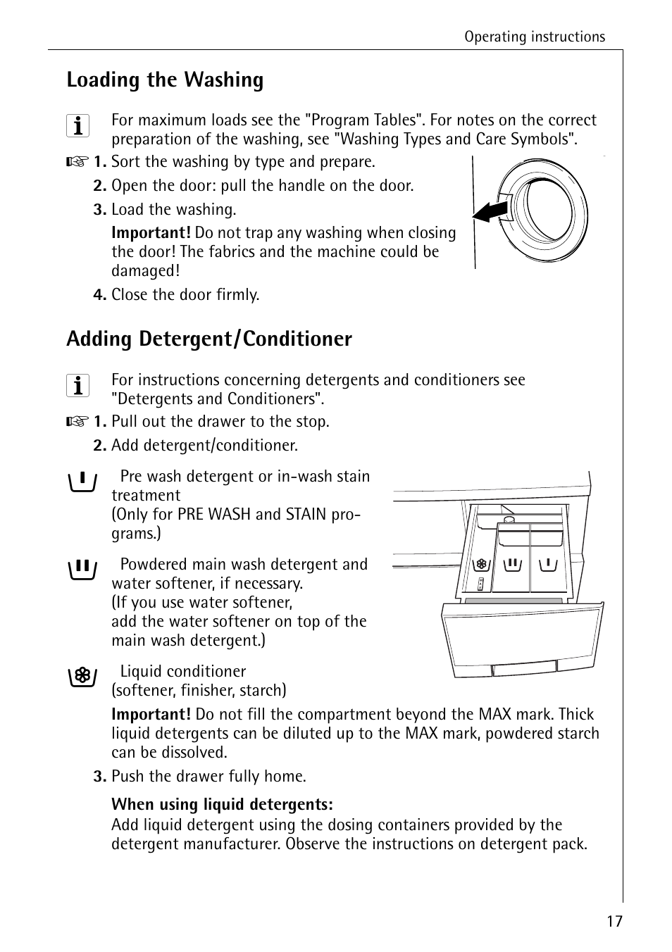 Loading the washing, Adding detergent/conditioner | AEG LAVAMAT W 1020 User Manual | Page 17 / 44