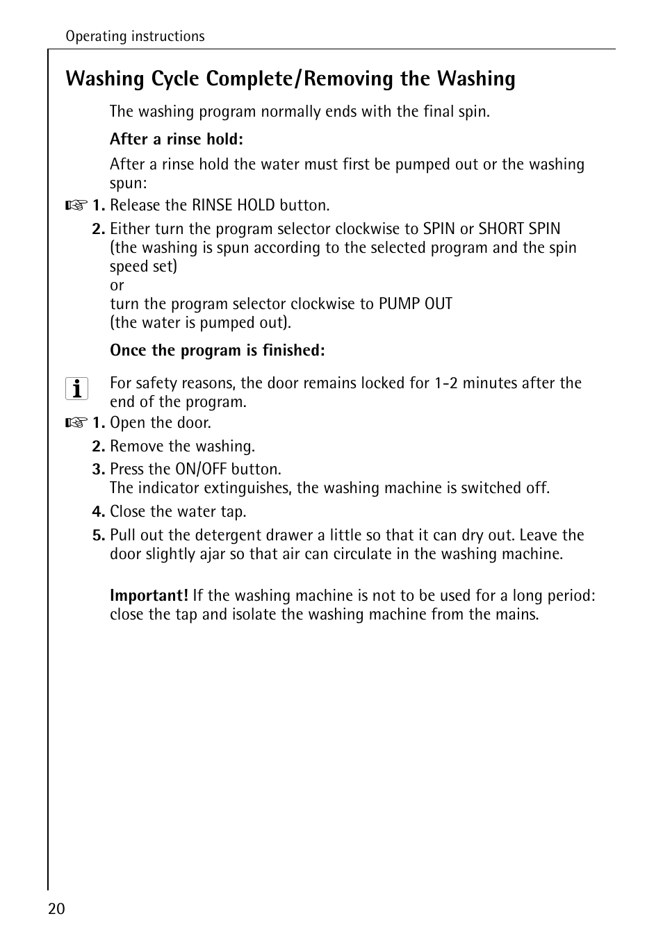 Washing cycle complete/removing the washing | AEG LAVAMAT W 1020 User Manual | Page 20 / 44