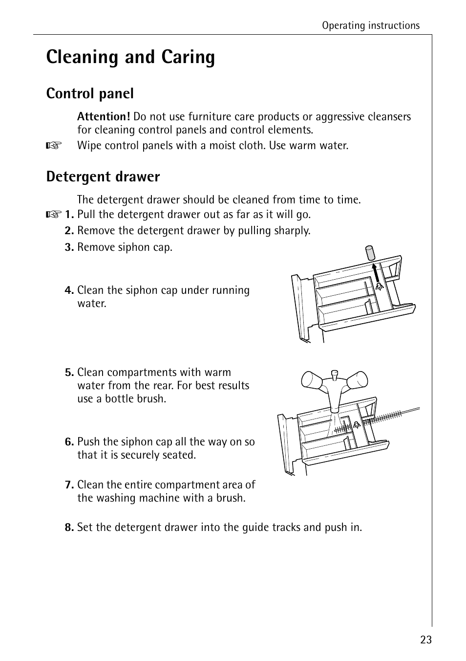 Cleaning and caring, Control panel, Detergent drawer | AEG LAVAMAT W 1020 User Manual | Page 23 / 44