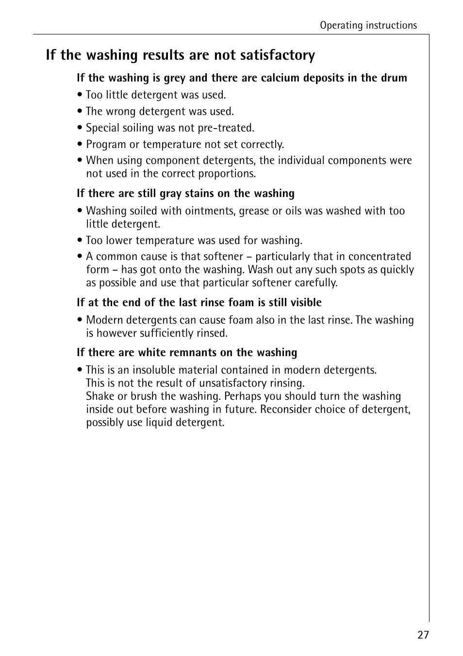 If the washing results are not satisfactory | AEG LAVAMAT W 1020 User Manual | Page 27 / 44