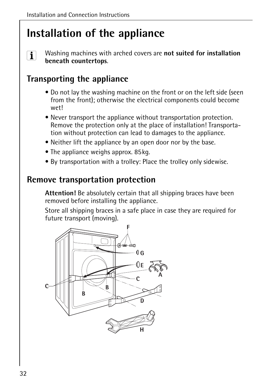 Installation of the appliance, Transporting the appliance, Remove transportation protection | AEG LAVAMAT W 1020 User Manual | Page 32 / 44