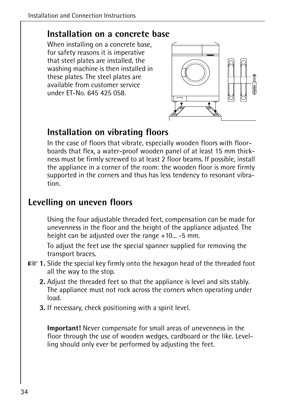 Installation on a concrete base, Installation on vibrating floors, Levelling on uneven floors | AEG LAVAMAT W 1020 User Manual | Page 34 / 44