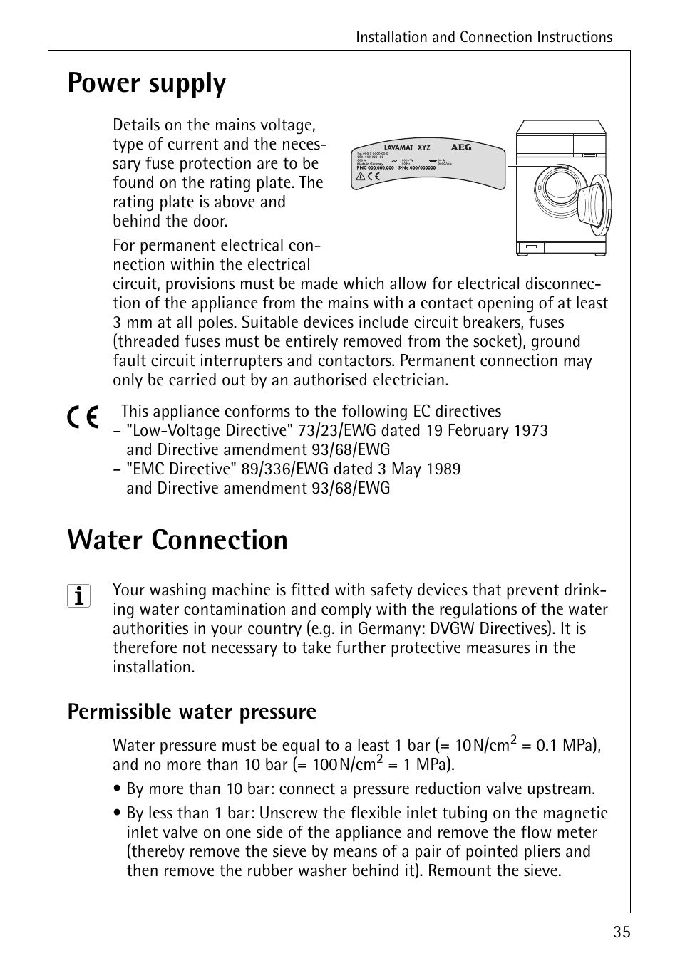 Power supply, Water connection, Permissible water pressure | AEG LAVAMAT W 1020 User Manual | Page 35 / 44