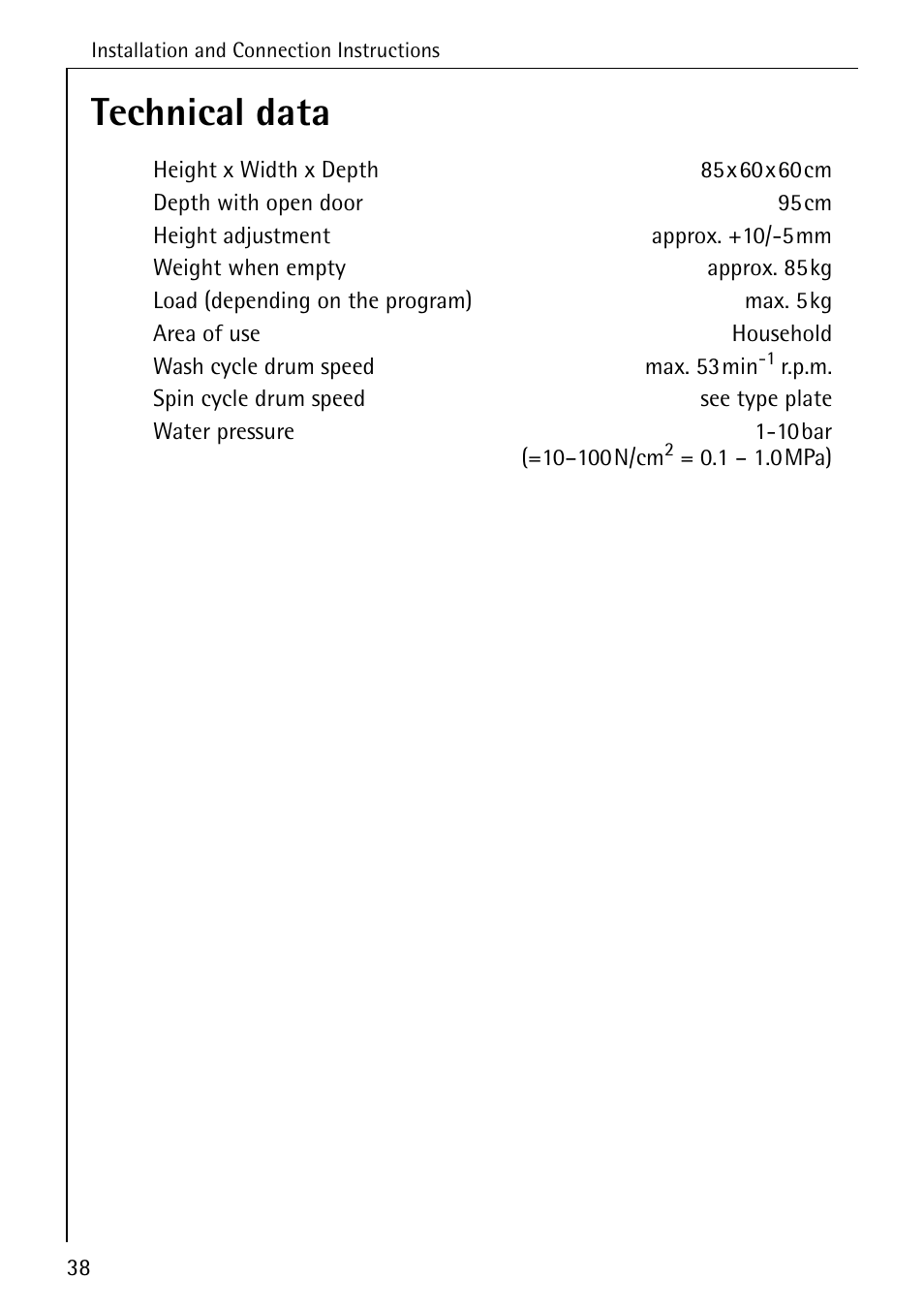 Technical data | AEG LAVAMAT W 1020 User Manual | Page 38 / 44
