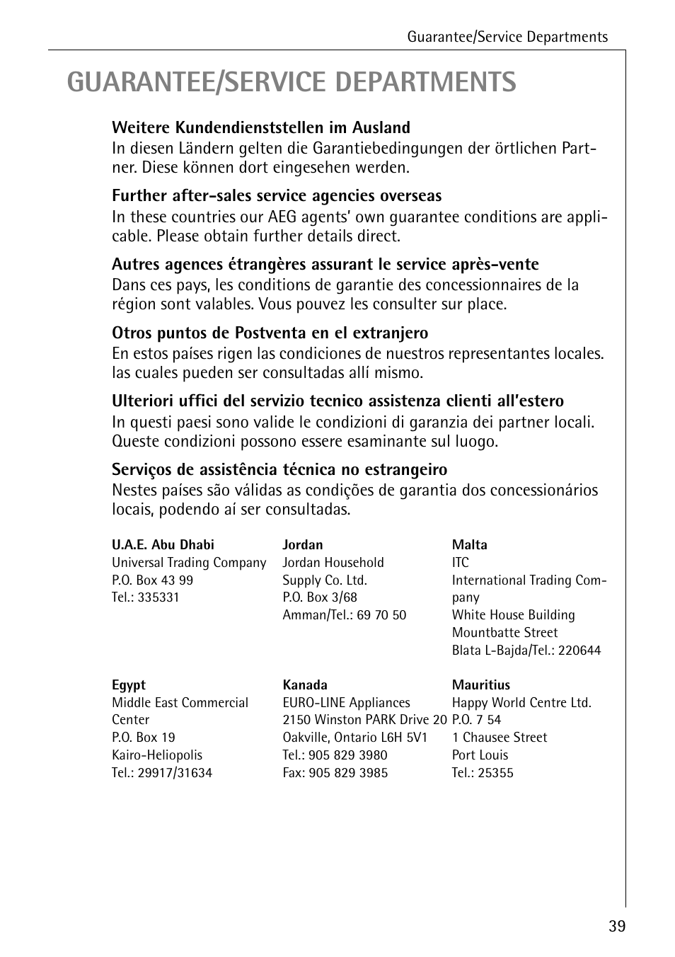Guarantee/service departments | AEG LAVAMAT W 1020 User Manual | Page 39 / 44