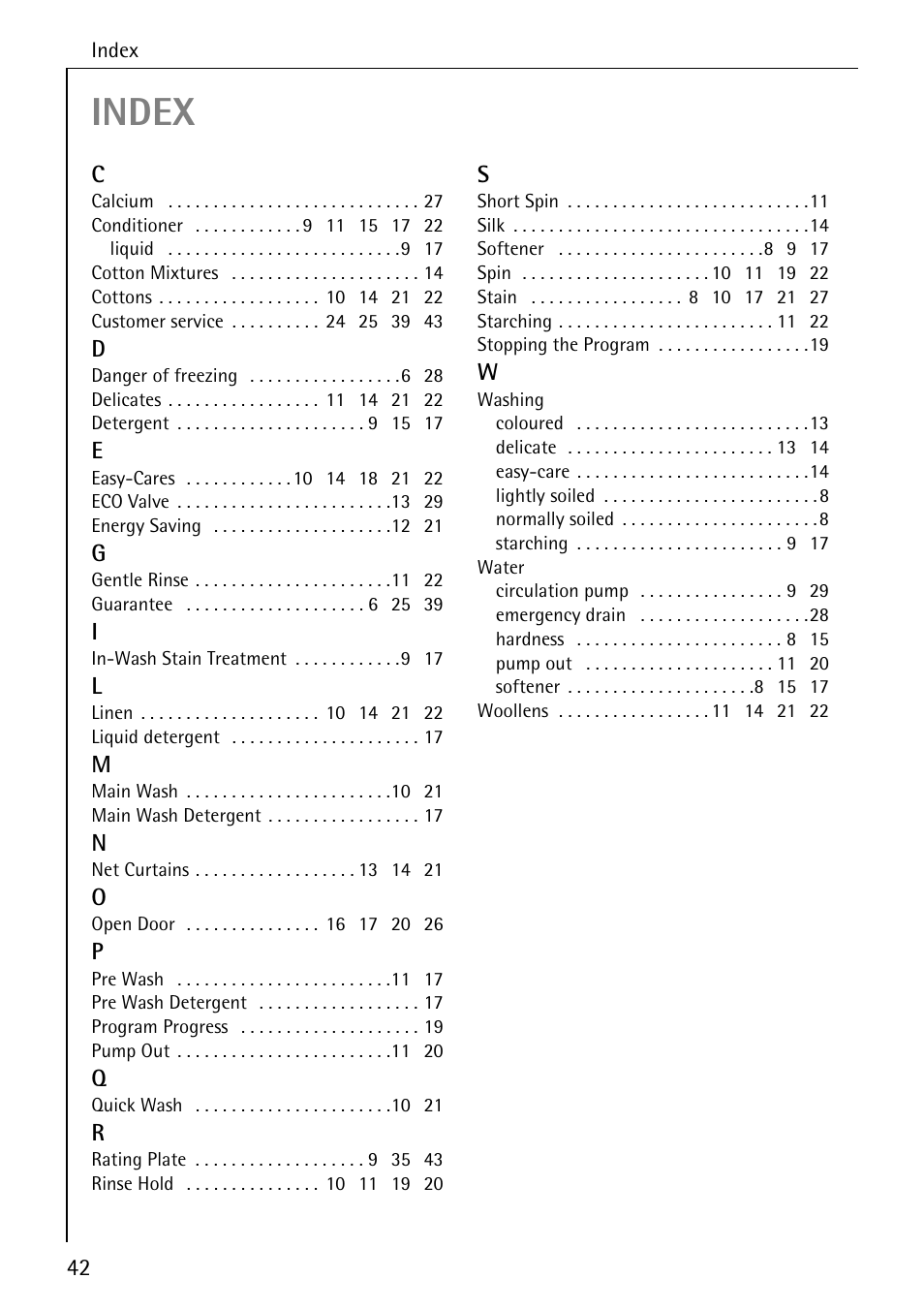 Index | AEG LAVAMAT W 1020 User Manual | Page 42 / 44