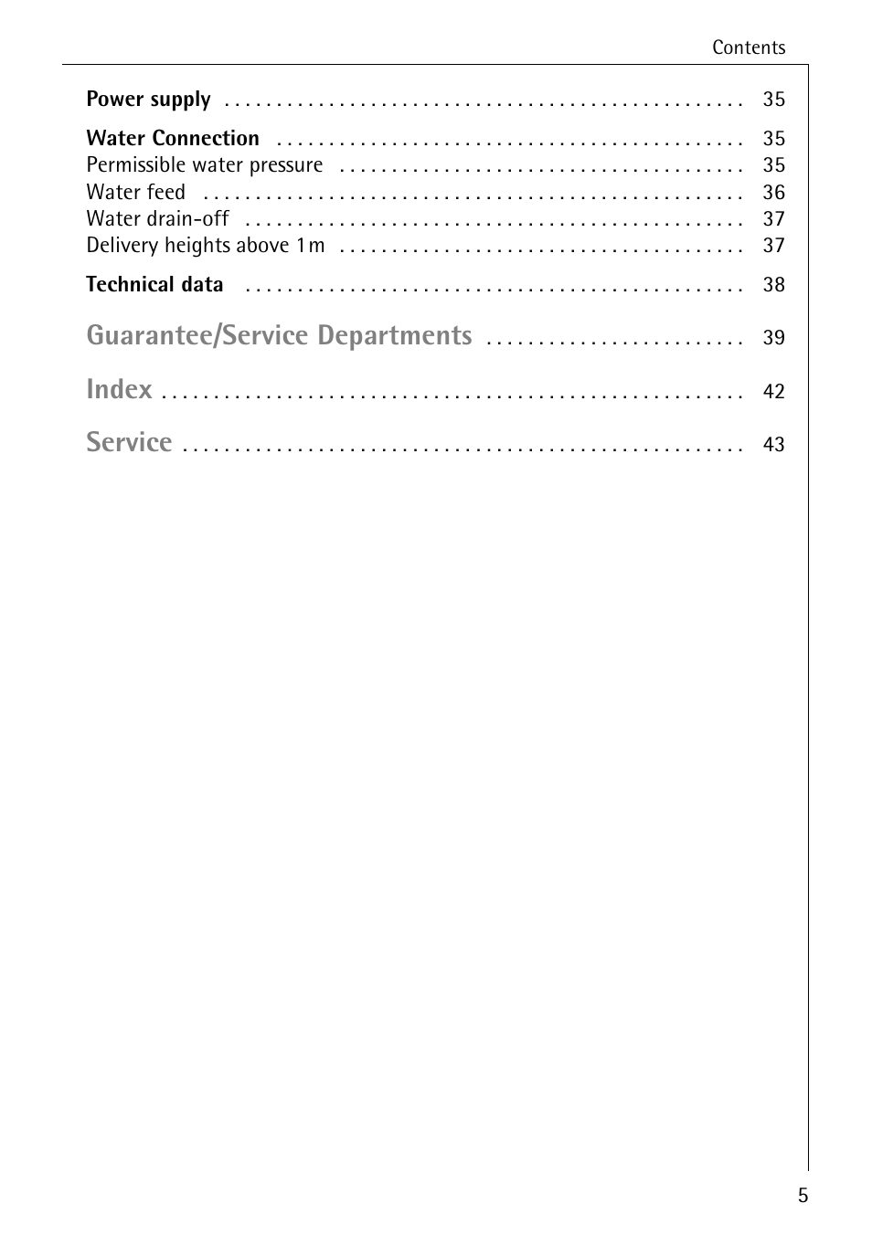 Guarantee/service departments, Index, Service | AEG LAVAMAT W 1020 User Manual | Page 5 / 44