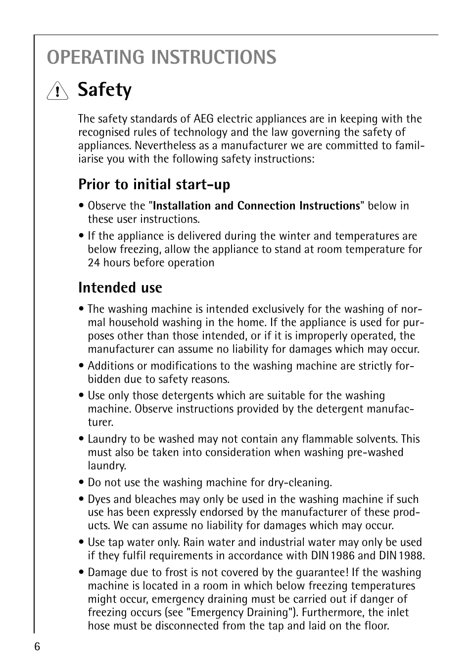 Operating instructions, Safety, Prior to initial start-up | Intended use | AEG LAVAMAT W 1020 User Manual | Page 6 / 44