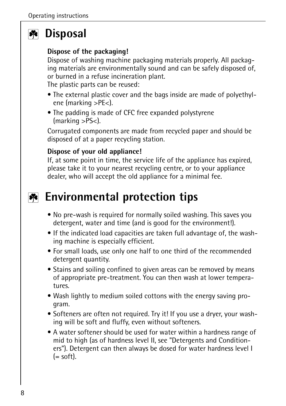 Disposal, Environmental protection tips | AEG LAVAMAT W 1020 User Manual | Page 8 / 44