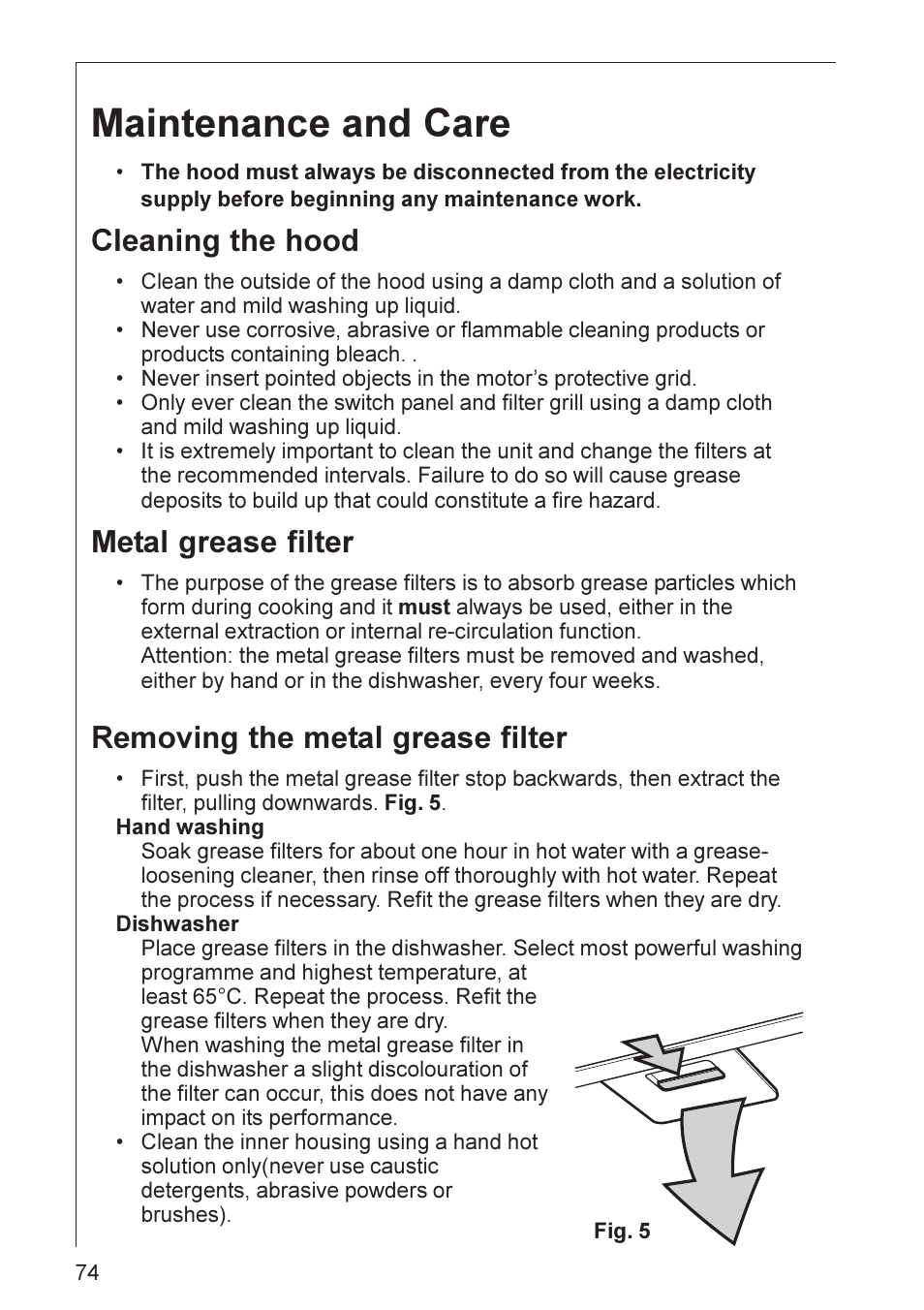 Maintenance and care, Cleaning the hood, Metal grease filter | Removing the metal grease filter | AEG DD 8695 User Manual | Page 13 / 23