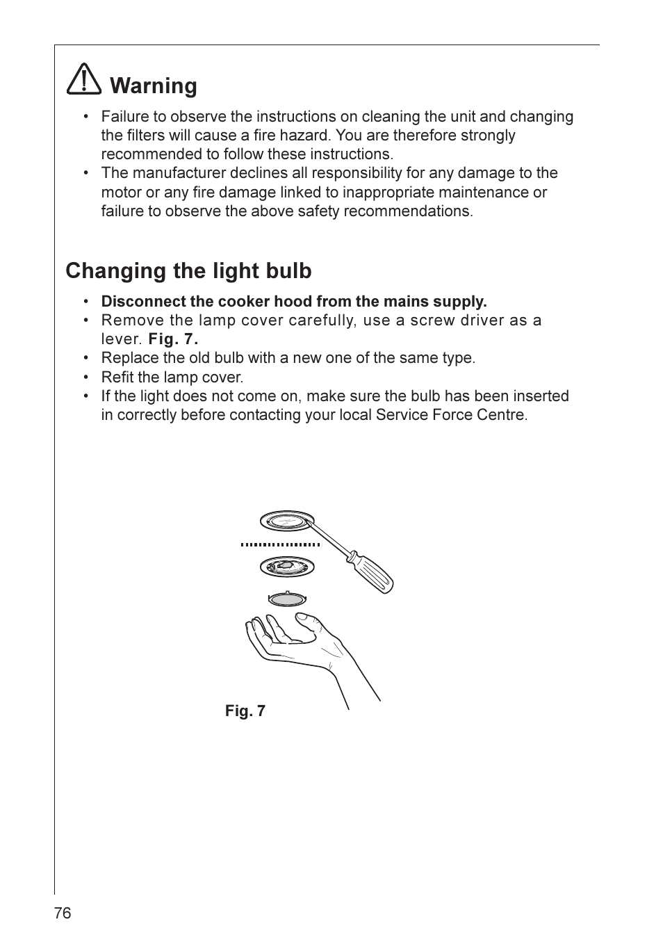 Warning, Changing the light bulb | AEG DD 8695 User Manual | Page 15 / 23