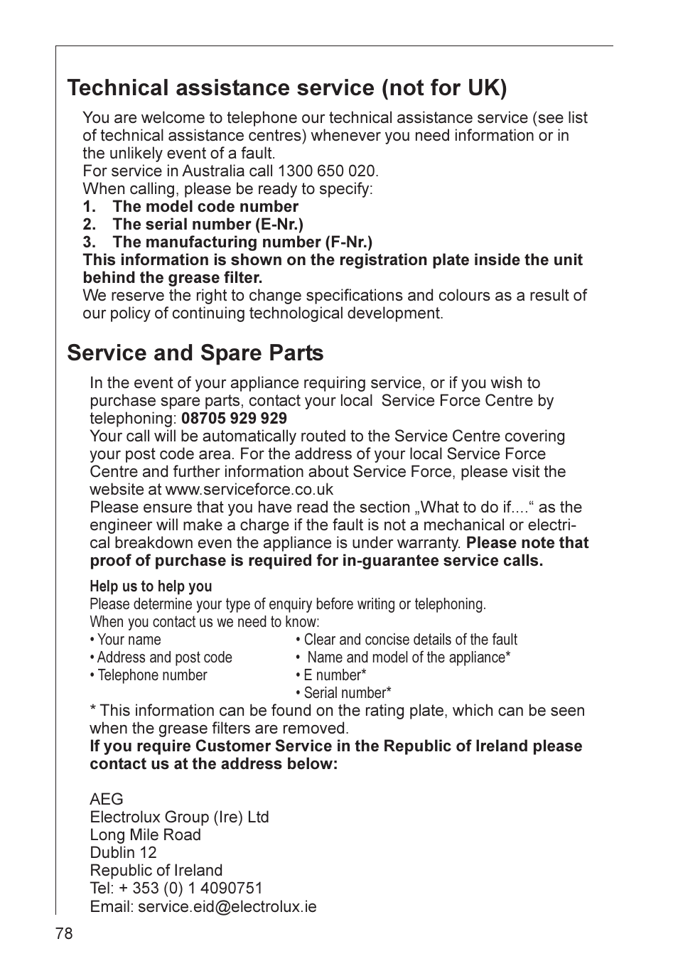 Technical assistance service (not for uk), Service and spare parts | AEG DD 8695 User Manual | Page 17 / 23