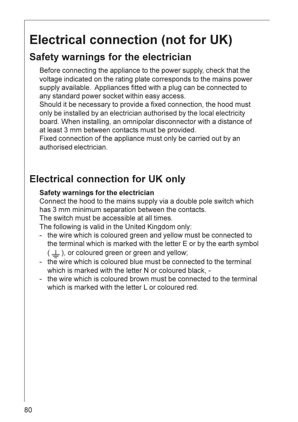 Electrical connection (not for uk), Safety warnings for the electrician, Electrical connection for uk only | AEG DD 8695 User Manual | Page 19 / 23