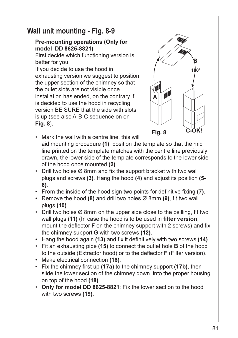 Wall unit mounting - fig. 8-9 | AEG DD 8695 User Manual | Page 20 / 23