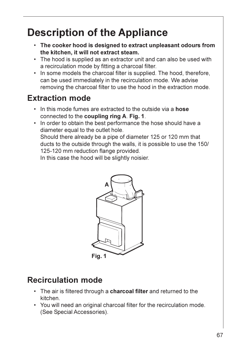 Description of the appliance, Extraction mode, Recirculation mode | AEG DD 8695 User Manual | Page 6 / 23