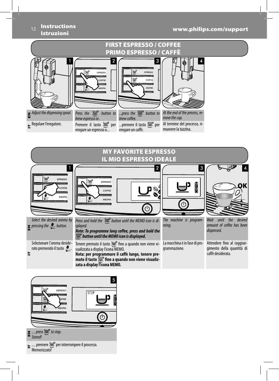 First espresso / coffee primo espresso / caffè, My favorite espresso il mio espresso ideale | Philips Saeco Minuto Cafetera expreso súper automática User Manual | Page 12 / 96