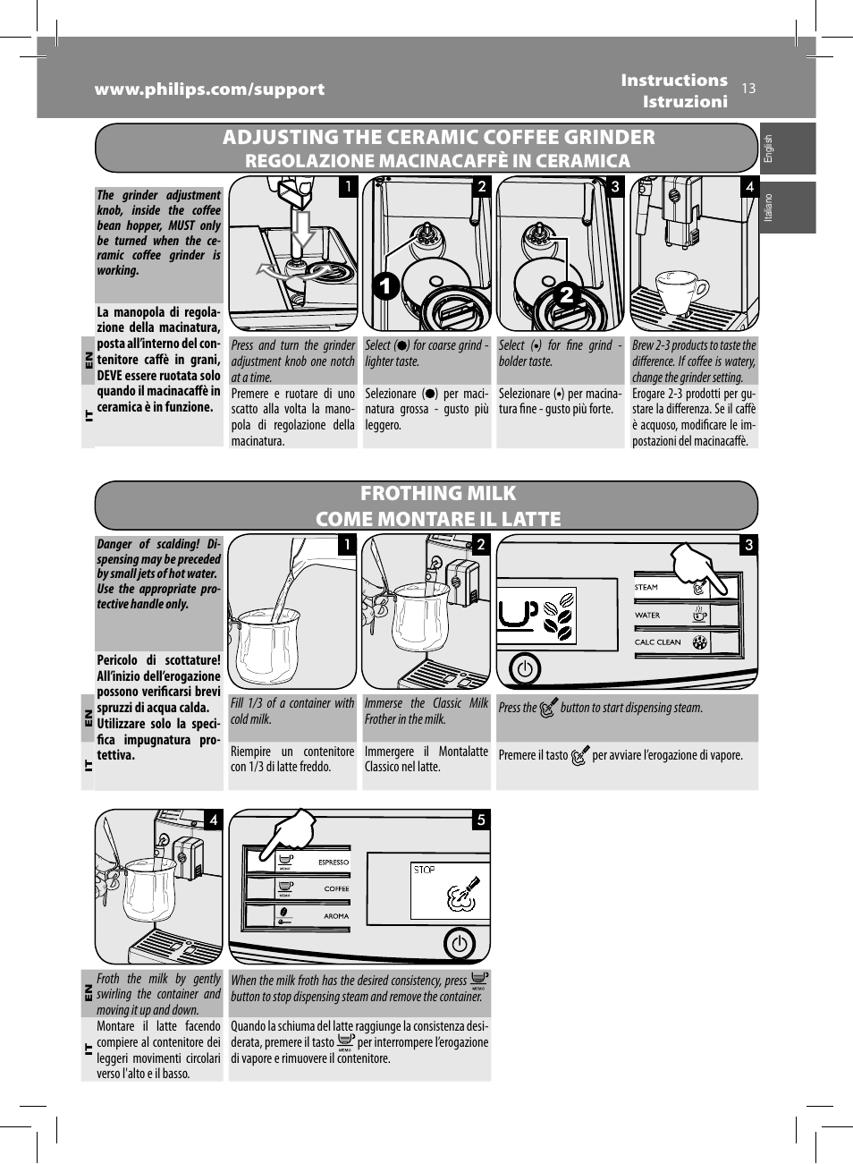 Adjusting the ceramic coffee grinder, Frothing milk come montare il latte, Regolazione macinacaffè in ceramica | Philips Saeco Minuto Cafetera expreso súper automática User Manual | Page 13 / 96