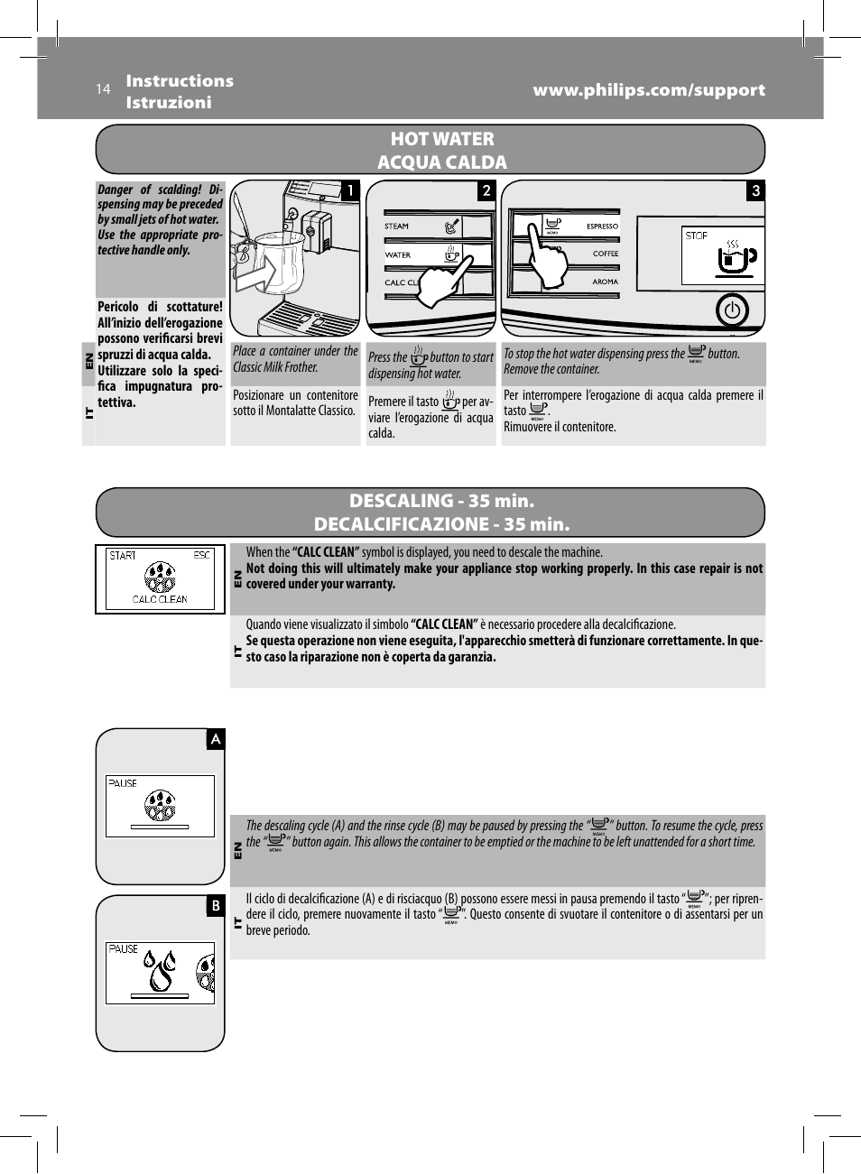 Hot water acqua calda, Descaling - 35 min. decalcificazione - 35 min | Philips Saeco Minuto Cafetera expreso súper automática User Manual | Page 14 / 96