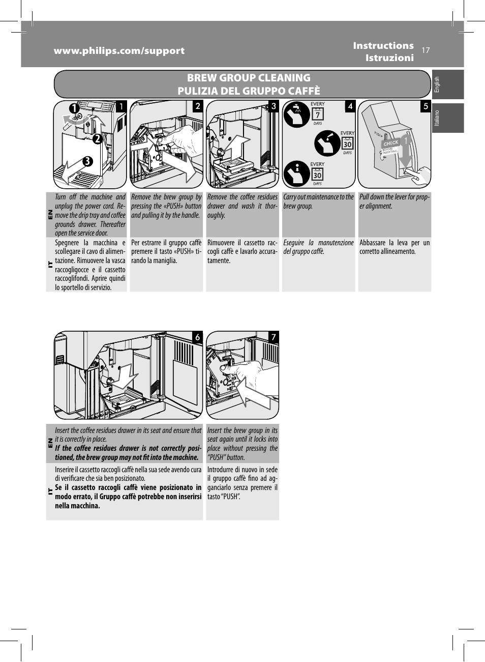 Brew group cleaning pulizia del gruppo caffè | Philips Saeco Minuto Cafetera expreso súper automática User Manual | Page 17 / 96