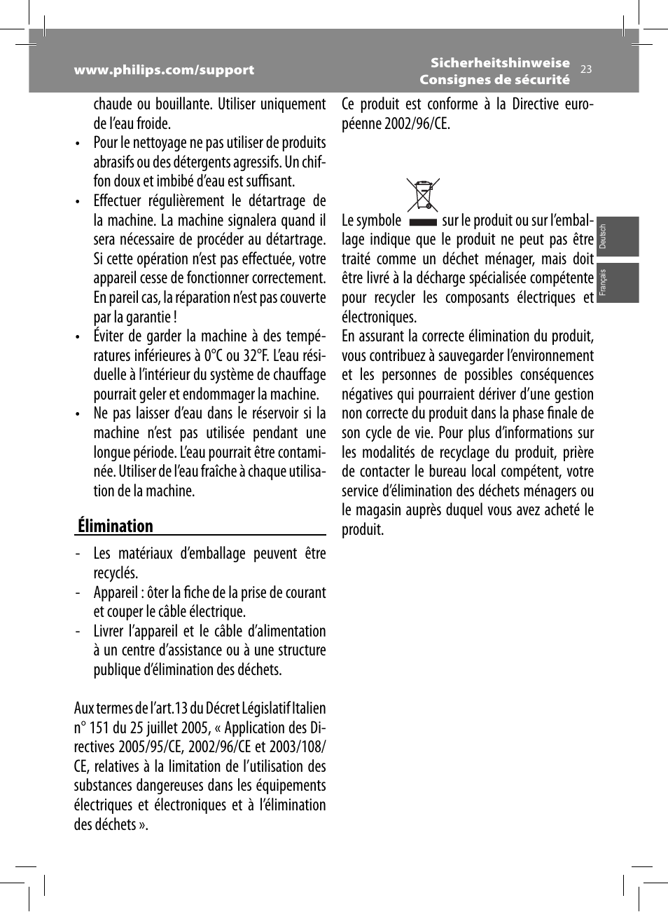 Élimination | Philips Saeco Minuto Cafetera expreso súper automática User Manual | Page 23 / 96